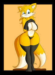 Size: 1400x1925 | Tagged: suggestive, artist:suirano, miles "tails" prower (sonic), canine, fox, mammal, red fox, anthro, sega, sonic the hedgehog (series), belly button, big breasts, big tail, black border, blue eyes, border, breasts, clothes, dipstick tail, ears, eyelashes, female, fluff, fur, gloves, hair, hand on chest, hands on chest, legwear, long gloves, looking at you, mila "tails" prower, multicolored fur, multicolored tail, multiple tails, orange tail, rule 63, simple background, smiling, solo, solo female, tail, tail fluff, tailsko, teasing, thick thighs, thigh highs, thighs, two tails, two toned body, two toned fur, vixen, white body, white fur, white tail, wide hips, yellow body, yellow fur