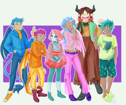 Size: 3024x2532 | Tagged: safe, artist:himram, gallus (mlp), ocellus (mlp), sandbar (mlp), silverstream (mlp), smolder (mlp), yona (mlp), animal humanoid, arthropod, bird, changedling, changeling, dragon, equine, feline, fictional species, gryphon, hippogriff, human, mammal, yak, humanoid, friendship is magic, hasbro, my little pony, 2020, boots, clothes, dragoness, eared humanoid, feathered wings, feathers, female, group, high res, horned humanoid, horns, humanized, humanoidized, male, shirt, shoes, species swap, student six (mlp), tail, tailed humanoid, topwear, webbed wings, winged humanoid, wings