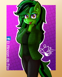 Size: 1000x1250 | Tagged: safe, artist:thedamneddarklyfox, oc, oc only, oc:diamond green, equine, fictional species, mammal, pegasus, pony, anthro, friendship is magic, hasbro, my little pony, 2019, anthrofied, arm behind back, art trade, bottomwear, clothes, eyeshadow, female, freckles, fur, green body, green fur, green hair, green mane, hair, jacket, long hair, long mane, looking at you, makeup, mane, mare, pants, smiling, solo, solo female, tail, tongue, tongue out, topwear