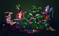 Size: 1600x979 | Tagged: safe, artist:karintina, oc, oc only, fictional species, legendary pokémon, mammal, suicune, yinglet, anthro, nintendo, pokémon, the out-of-placers, christmas, christmas lights, christmas ornament, christmas tree, conifer tree, holiday, lights, tree