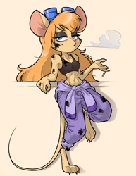 Size: 770x1000 | Tagged: safe, artist:centinel303, gadget hackwrench (chip 'n dale: rescue rangers), mammal, mouse, rodent, anthro, digitigrade anthro, chip 'n dale: rescue rangers, disney, 2020, belly button, blue eyes, breasts, cigarette, clothes, coverall, dirty, eyelashes, eyeshadow, female, fur, goggles, goggles on head, hair, jumpsuit, leaning back, lidded eyes, long hair, looking at you, makeup, midriff, narrowed eyes, oil, orange hair, smoke, smoking, solo, solo female, tail, tan body, tan fur, tank top, topwear