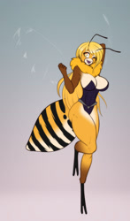 Size: 1413x2400 | Tagged: safe, artist:scorpdk, oc, oc:mihari, arthropod, bee, insect, anthro, 2020, big breasts, breasts, clothes, digital art, female, flying, fur, gloves (arm marking), gradient background, insect wings, one eye closed, open mouth, purple clothing, socks (leg marking), solo, solo female, teeth, wide hips, wings, yellow body, yellow eyes, yellow fur