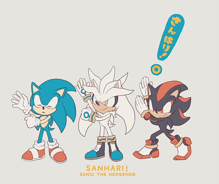 55936 - safe, artist:aoki, shadow the hedgehog (sonic), silver the hedgehog  (sonic), sonic the hedgehog (sonic), hedgehog, mammal, anthro, sega, sonic  the hedgehog (series), 2015, group, japanese text, male, males only, quills