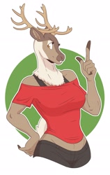 Size: 1606x2539 | Tagged: safe, artist:slightlysimian, cervid, deer, mammal, reindeer, anthro, antlers, bottomwear, clothes, female, fluff, neck fluff, pants, shirt, solo, solo female, topwear