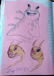 Size: 720x1011 | Tagged: safe, artist:heather0feather, slimy (lilo & stitch), zap (lilo & stitch), alien, experiment (lilo & stitch), fictional species, feral, disney, lilo & stitch, 2020, antennae, armless, back marking, back spines, blue eyes, character name, duo, flying, grin, irl, legless, open mouth, open smile, photo, photographed artwork, red nose, smiling, traditional art, unusual pupils, yellow body