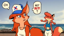 Size: 2400x1350 | Tagged: safe, artist:fox-popvli, oc, oc only, oc:harriet (fox-popvli), oc:patty (fox-popvli), canine, fox, mammal, red fox, rodent, squirrel, anthro, 16:9, beach, belly button, blue eyes, bottomwear, cheek fluff, clothes, comic, cream body, cream fur, crop top, dipstick tail, ears, eyes closed, female, females only, fluff, freckles, fur, hair, hand on hip, hat, no nut november, orange body, orange fur, orange hair, outdoors, pants, pigtails, red body, red fur, red hair, smiling, speech bubble, tail, tank top, topwear, vixen, wallpaper