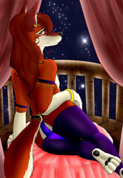 Size: 2077x3000 | Tagged: suggestive, artist:abhishri, oc, oc only, oc:sangie, canine, mammal, red wolf, wolf, anthro, amber eyes, blushing, bracelet, bulge, clothes, cream body, cream fur, ear piercing, earring, femboy, fur, hair, harem outfit, high res, jewelry, legwear, long hair, male, night, night sky, panties, partial nudity, paw pads, paws, piercing, red body, red fur, red hair, scenery, scenery porn, sky, solo, solo male, stockings, topless, twink, underwear