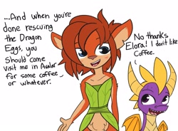 Size: 2939x2160 | Tagged: safe, artist:tjpones, elora (spyro), spyro the dragon (spyro), dragon, fictional species, western dragon, anthro, feral, spyro the dragon (series), blushing, clothes, dialogue, duo, english text, female, flirting, high res, horns, male, male/female, oblivious, open mouth, open smile, shipping, simple background, smiling, spyrolora (spyro), stupidity, talking, text, webbed wings, white background, wings