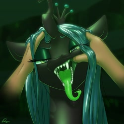 Size: 1080x1080 | Tagged: safe, artist:dmann892, queen chrysalis (mlp), arthropod, changeling, changeling queen, equine, fictional species, human, mammal, feral, friendship is magic, hasbro, my little pony, bust, crown, disembodied hand, duo, fangs, female, female focus, finger in mouth, forked tongue, hand on head, horn, human/feral, interspecies, jewelry, lidded eyes, looking at you, offscreen character, open mouth, portrait, pov, regalia, saliva, sharp teeth, solo focus, teeth, tongue, tongue out