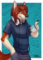 Size: 900x1271 | Tagged: safe, artist:chibi-marrow, oc, oc only, oc:sangie, canine, mammal, red wolf, wolf, anthro, abstract background, amber eyes, bust, claws, clothes, cream body, cream fur, ear piercing, earring, femboy, fur, hair, headphones, ipod, long hair, male, males only, paw pads, paws, piercing, pinup, red body, red fur, red hair, solo, solo male, tail, twink