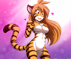 Size: 1539x1280 | Tagged: safe, artist:twokinds, flora (twokinds), feline, fictional species, keidran, mammal, anthro, twokinds, 2020, abstract background, amber eyes, barbie doll anatomy, belly button, breast expansion, breasts, brown hair, chest fluff, complete nudity, digital art, ear fluff, featureless breasts, featureless crotch, female, fluff, fur, hair, heart, love heart, multicolored body, multicolored fur, nudity, open mouth, orange body, orange fur, shoulder fluff, solo, solo female, striped fur, two toned body, two toned fur, white body, white fur
