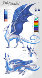 Size: 1228x2267 | Tagged: safe, artist:acidapluvia, oc, oc only, oc:byzil mystwing, dragon, fictional species, reptile, scaled dragon, western dragon, feral, 2014, abstract background, bicolor eyes, blue body, blue eyes, blue scales, blue tongue, character name, claws, close-up, color palette, colored tongue, crossed legs, dragoness, female, green eyes, horn ring, horns, long tongue, lying down, picture-in-picture, prone, reference sheet, reptile feet, ring, scales, side view, slit pupils, solo, solo female, spikes, spread wings, standing, tongue, webbed wings, white body, wings