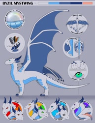 Size: 989x1280 | Tagged: safe, artist:acidapluvia, oc, oc only, oc:byzil mystwing, dragon, fictional species, reptile, scaled dragon, western dragon, feral, angry, bicolor eyes, big wings, blue belly, blue eyes, blue scales, blue tongue, bottom view, claws, close-up, colored tongue, concerned, excited, female, gray eyes, green eyes, happy, horn ring, horns, open mouth, orange eyes, pink tongue, purple eyes, red eyes, reference sheet, reptile feet, ring, sad, scales, sharp teeth, side view, signature, smiling, solo, solo female, spread wings, standing, tail, teeth, tired, tongue, tongue out, top view, two toned tongue, white body, wings, yellow eyes