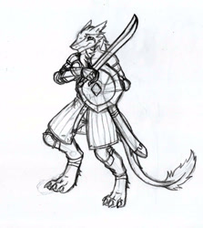 Size: 1143x1280 | Tagged: safe, artist:sealer4258, oc, oc only, fictional species, mammal, sergal, anthro, digitigrade anthro, armor, male, shield, sketch, solo, solo male, sword, traditional art, weapon