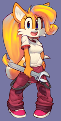 Size: 535x1060 | Tagged: safe, artist:wamudraws, coco bandicoot (crash bandicoot), miles "tails" prower (sonic), canine, fox, mammal, red fox, anthro, plantigrade anthro, cc by-nc, crash bandicoot (series), creative commons, sega, sonic the hedgehog (series), blue eyes, bottomwear, clothes, crossover, dipstick tail, female, fluff, fusion, looking at you, mila "tails" prower, multiple tails, orange tail, pants, rule 63, shirt, smiling, sneakers, solo, solo female, species swap, tail, tail fluff, tailsko, topwear, two tails, vixen, wat, white tail, wrench