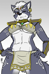 Size: 853x1280 | Tagged: safe, artist:heresyart, wolf o'donnell (star fox), canine, fox, mammal, anthro, nintendo, star fox, belly button, bra, breasts, clothes, collar, digital art, ear piercing, earring, erect nipples, eye scar, eyelashes, female, fur, hair, hand on hip, jewelry, loincloth, looking at you, low angle, multicolored fur, nipple outline, one eye closed, piercing, rule 63, scar, shoulder pads, simple background, solo, solo female, standing, tail, tattoo, thighs, tribal, tribal markings, two toned body, two toned fur, underboob, underwear, vixen, wide hips, wolfess o'donnell