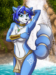 Size: 1080x1440 | Tagged: suggestive, artist:heresyart, krystal (star fox), canine, fox, mammal, anthro, nintendo, star fox, belly button, black nose, breasts, clothes, covering breasts, digital art, ears, eyelashes, female, fur, hair, jewelry, loincloth, looking at you, necklace, solo, solo female, tail, tattoo, thighs, tribal, tribal markings, vixen, water, waterfall, wide hips