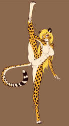Size: 1315x2400 | Tagged: suggestive, artist:scorpdk, oc, oc only, oc:mihari (scorpdk), cheetah, feline, mammal, anthro, digitigrade anthro, abs, amber eyes, barbie doll anatomy, breasts, brown background, butt, chest fluff, complete nudity, cream body, cream fur, eyebrows, eyelashes, featureless breasts, featureless crotch, female, fluff, fur, hair, holding leg, leg hold, long hair, looking at you, muscles, muscular female, nudity, one leg raised, pale belly, raised leg, simple background, solo, solo female, spotted fur, standing split, tail, tail fluff, underass, yellow hair