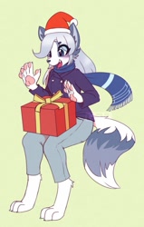 Size: 1175x1843 | Tagged: safe, artist:puetsua, oc, oc only, oc:gin (puetsua), canine, fox, mammal, anthro, digitigrade anthro, 2020, bottomwear, box, christmas, clothes, digital art, eye through hair, female, fur, gray body, gray fur, gray hair, hair, hat, holiday, jacket, multicolored fur, multicolored tail, open mouth, pants, paw pads, paws, present, santa hat, scarf, simple background, sitting, smiling, solo, solo female, tail, topwear, vixen, white body, white fur