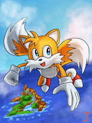 Size: 1691x2254 | Tagged: dead source, safe, artist:junk-crab, miles "tails" prower (sonic), canine, fox, mammal, red fox, anthro, sega, sonic the hedgehog (series), dipstick tail, fluff, fur, male, multicolored fur, multicolored tail, multiple tails, orange tail, solo, solo male, tail, tail fluff, two tails, two toned body, two toned fur, two toned tail, white body, white fur, white tail