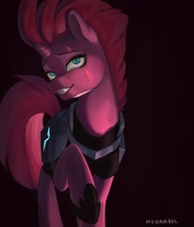Size: 1700x1985 | Tagged: safe, artist:nodambol222, tempest shadow (mlp), equine, fictional species, mammal, pony, unicorn, feral, friendship is magic, hasbro, my little pony, my little pony: the movie, armor, broken horn, eye scar, female, green eyes, horn, looking at you, mare, scar, smiling, solo, solo female