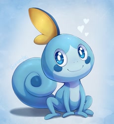 Size: 1177x1280 | Tagged: safe, artist:evomanaphy, fictional species, sobble, feral, nintendo, pokémon, ambiguous gender, blue eyes, cute, heart, looking at you, on model, smiling, solo, solo ambiguous, starter pokémon, tail