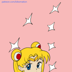 Size: 900x900 | Tagged: safe, artist:bikomation, isabelle (animal crossing), usagi tsukino (sailor moon), canine, dog, human, mammal, shih tzu, anthro, animal crossing, nintendo, sailor moon, 2d, 2d animation, animated, blue background, bottomwear, clothes, crossover, cute, duo, duo female, female, females only, frame by frame, front view, gif, looking at you, pink background, simple background, skirt, three-quarter view
