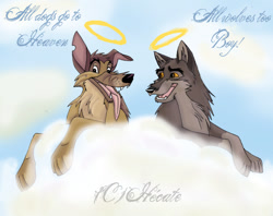 Size: 850x674 | Tagged: safe, artist:hecatehell, balto (balto), charlie (all dogs go to heaven), canine, dog, german shepherd, hybrid, mammal, wolf, wolfdog, feral, all dogs go to heaven, balto (series), sullivan bluth studios, 2d, cloud, duo, duo male, halo, looking at you, male, males only