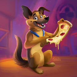 Size: 1000x1000 | Tagged: safe, artist:tsaoshin, charlie (all dogs go to heaven), canine, dog, german shepherd, mammal, feral, all dogs go to heaven, sullivan bluth studios, 2019, 2d, cute, food, looking at you, male, open mouth, pizza, smiling, smiling at you, solo, solo male, watch