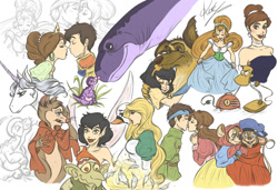 Size: 1500x1025 | Tagged: safe, artist:sarumanka, anastasia (anastasia), anne-marie (all dogs go to heaven), charlie (all dogs go to heaven), crysta (ferngully), curdie (the princess and the goblin), fievel mousekewitz (an american tail), lady amalthea (the last unicorn), lampy (the brave little toaster), little nemo (little nemo), littlefoot (the land before time), mrs. brisby (the secret of nimh), princess camille (little nemo), princess irene (the princess and the goblin), princess odette (the swan princess), radio (the brave little toaster), tanya mousekewitz (an american tail), thief (the thief and the cobbler), thumbelina (thumbelina), apatosaurus, bird, canine, dinosaur, dog, equine, fairy, fictional species, german shepherd, human, mammal, mouse, rodent, sauropod, swan, unicorn, waterfowl, anthro, feral, all dogs go to heaven, an american tail, anastasia, ferngully: the last rainforest, little nemo: adventures in slumberland, sullivan bluth studios, the brave little toaster, the land before time, the last unicorn, the princess and the goblin, the secret of nimh, the swan princess, the thief and the cobbler, thumbelina, 2d, brother, brother and sister, clothes, crossover, eyes closed, female, field mouse, group, headscarf, headwear, hug, large group, male, murine, siblings, signature, simple background, sister, ungulate, white background, young
