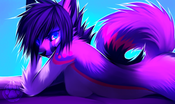 Size: 800x474 | Tagged: safe, artist:falvie, canine, mammal, anthro, breasts, female, simple background, solo, solo female