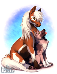 Size: 600x776 | Tagged: safe, artist:falvie, canine, dog, equine, horse, mammal, feral, abstract background, ambiguous gender, brown body, brown fur, chest fluff, duo, fluff, front view, fur, green eyes, hair, hooves, paws, simple background, sitting, size difference, tail, tan body, tan fur, three-quarter view, tongue, tongue out, unshorn fetlocks, watermark, white hair