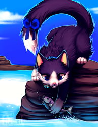 Size: 618x800 | Tagged: safe, artist:falvie, cat, feline, fish, mammal, feral, ambiguous gender, bow, duo, ocean, scenery, water