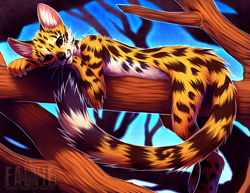Size: 700x541 | Tagged: safe, artist:falvie, feline, mammal, serval, anthro, ambiguous gender, scenery, side view, solo, solo ambiguous, tree