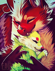 Size: 500x647 | Tagged: safe, artist:falvie, oc, oc:falvie, canine, dog, dragon, fictional species, furred dragon, mammal, feral, ambiguous gender, bust, cuddling, duo, eyes closed, hug, portrait, simple background