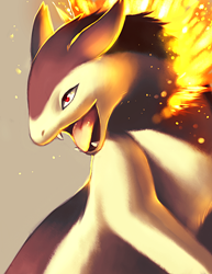 Size: 500x647 | Tagged: safe, artist:falvie, fictional species, mammal, mustelid, typhlosion, feral, nintendo, pokémon, ambiguous gender, bust, fire, open mouth, portrait, sharp teeth, simple background, solo, solo ambiguous, starter pokémon, teeth