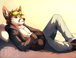 Size: 1000x773 | Tagged: safe, artist:falvie, canine, fox, mammal, anthro, bed, bottomwear, clothes, glasses, jacket, male, pants, scenery, solo, solo male, sunglasses, topwear