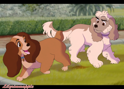 Size: 1600x1145 | Tagged: safe, artist:ligrimmapple, lady (lady and the tramp), oc, canine, cocker spaniel, dog, mammal, spaniel, feral, disney, lady and the tramp, 2d, bush, duo, female, letterboxing, male
