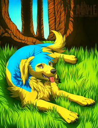 Size: 800x1035 | Tagged: safe, artist:falvie, canine, dog, mammal, feral, ambiguous gender, forest, scenery, solo, solo ambiguous