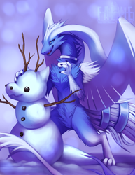 Size: 700x906 | Tagged: safe, artist:falvie, dragon, fictional species, furred dragon, semi-anthro, ambiguous gender, feathered wings, feathers, simple background, snow, snowman, solo, solo ambiguous, wings