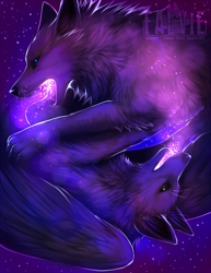Size: 500x647 | Tagged: safe, artist:falvie, canine, mammal, wolf, feral, abstract background, ambiguous gender, duo, feathered wings, feathers, open mouth, stars, wings