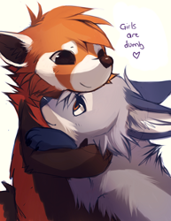 Size: 600x776 | Tagged: safe, artist:falvie, canine, mammal, red panda, feral, ambiguous gender, duo, hug, simple background