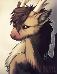 Size: 600x777 | Tagged: safe, artist:falvie, dragon, fictional species, furred dragon, feral, ambiguous gender, antlers, simple background, solo, solo ambiguous