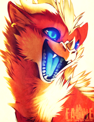 Size: 600x776 | Tagged: safe, artist:falvie, dragon, fictional species, furred dragon, feral, ambiguous gender, colored flesh, horn, open mouth, simple background, solo, solo ambiguous