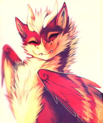 Size: 800x959 | Tagged: safe, artist:falvie, dragon, fictional species, furred dragon, feral, 2011, ambiguous gender, bust, chest fluff, eyes closed, fangs, feathered wings, feathers, fluff, fur, portrait, red body, red fur, sharp teeth, simple background, solo, solo ambiguous, teeth, white body, white fur, wings