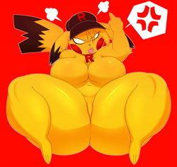 Size: 2131x2009 | Tagged: suggestive, artist:huwon, fictional species, mammal, pikachu, anthro, nintendo, pokémon, 2020, belly button, big breasts, blank eyes, breasts, cap, curvy, featureless breasts, featureless crotch, female, front view, fur, hat, high res, red background, simple background, solo, solo female, tail, thick thighs, thighs, tongue, tongue out, yellow body, yellow fur
