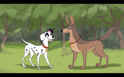 Size: 1024x640 | Tagged: safe, artist:tuwka, patch (101 dalmatians), thunderbolt (101 dalmatians), canine, dalmatian, dog, german shepherd, mammal, feral, 101 dalmatians, disney, 2d, black body, black fur, black nose, brown body, brown fur, collar, duo, duo male, floppy ears, front view, fur, grass, letterboxing, looking at each other, male, males only, older, on model, open mouth, outdoors, paws, pet tag, side view, smiling, standing, tail, three-quarter view, tree, white body, white fur