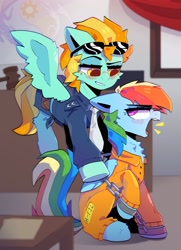 Size: 2500x3461 | Tagged: safe, artist:dinohorse, lightning dust (mlp), rainbow dash (mlp), equine, fictional species, mammal, pegasus, pony, feral, friendship is magic, hasbro, my little pony, chains, clothes, cuffs, duo, duo female, female, frustrated, high res, police uniform, prison outfit, prisoner, role reversal, shackles