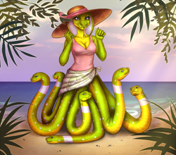 Size: 1200x1056 | Tagged: safe, artist:esterr, oc, oc only, oc:sylene, reptile, snake, anthro, beach, clothes, dress, female, forked tongue, multiple heads, solo, solo female, sun hat, tongue, tongue out