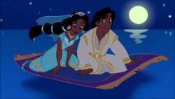Size: 800x450 | Tagged: safe, artist:willow-s-linda, aladdin (disney character), princess jasmine (aladdin), cetacean, dolphin, human, mammal, feral, aladdin (disney franchise), disney, 2d, 2d animation, ambiguous gender, animated, clothes, cute, dress, female, frame by frame, gif, male, moon, night, night sky, on model, sky, stars, ungulate, water